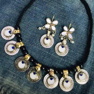 Afghan Tribal Vintage Coins Jewelry Set, Necklace With Earrings, Glass Stones